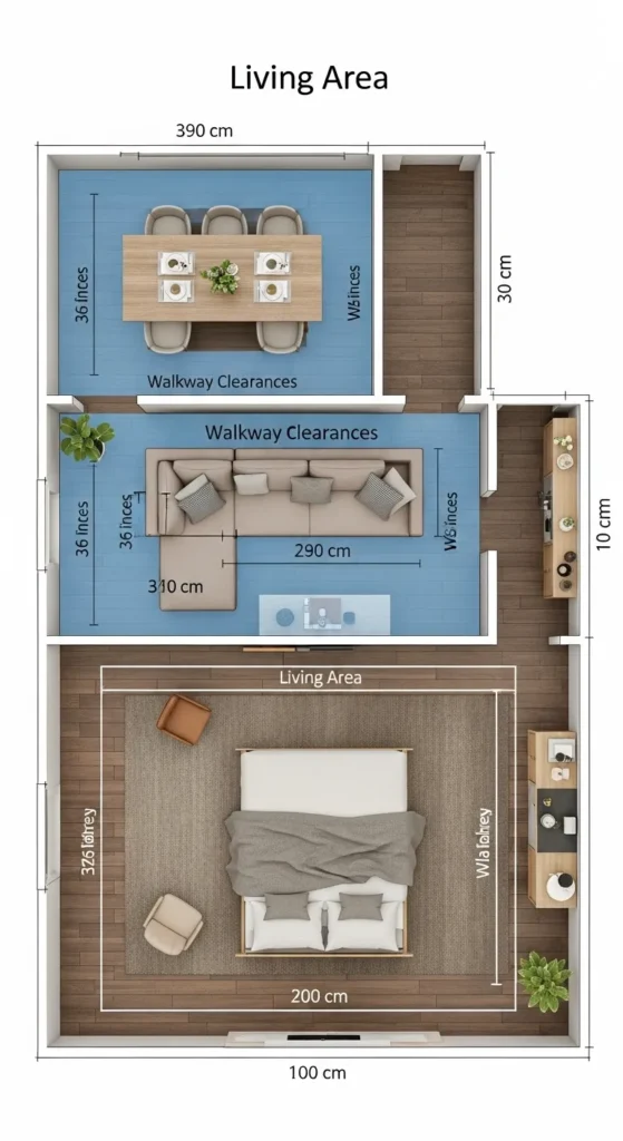 Basement-layout-plan-with-media-zone-seating-rug-and-clear-paths