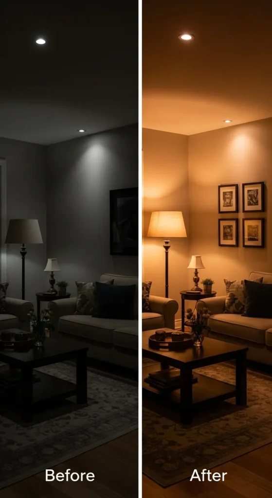 Layered-basement-lighting-transforming-a-dark-room-to-warm-and-bright