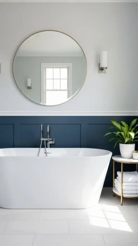 freestanding-tub-against-navy-wainscoting