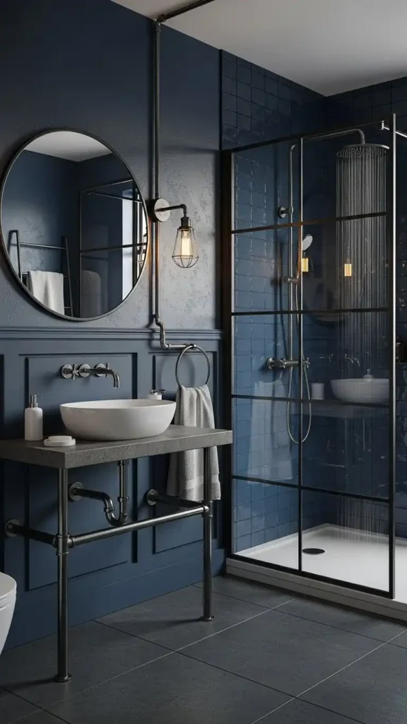 industrial navy bathroom with exposed elements