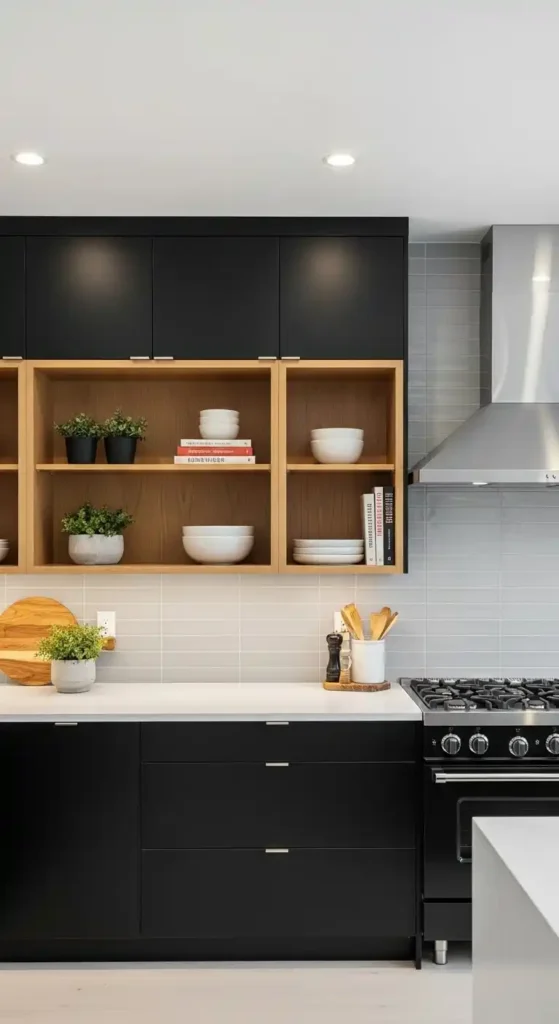 black-cabinets-with-open-shelving