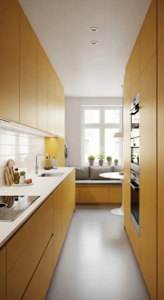 compact-galley-kitchen-with-marigold-yellow-cabinets