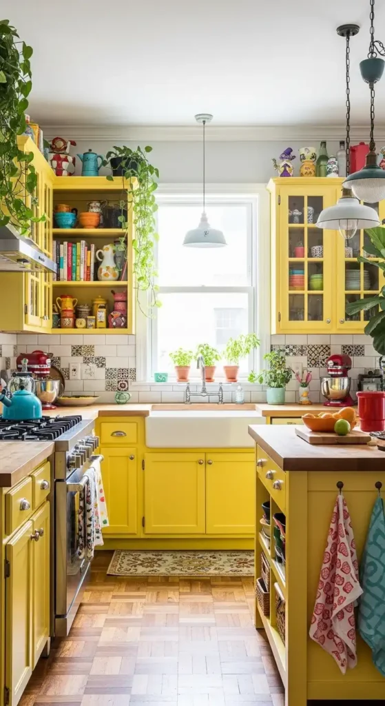 eclectic-kitchen-with-cheerful-canary-yellow-cabinets