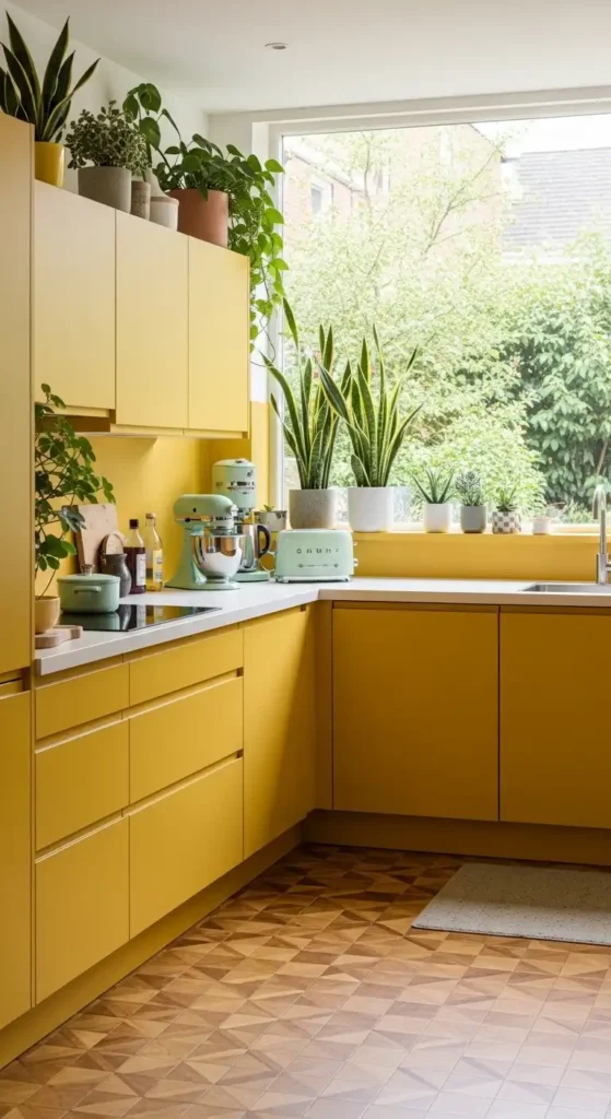 mid-century-modern-kitchen-with-golden-ochre-yellow-cabinets