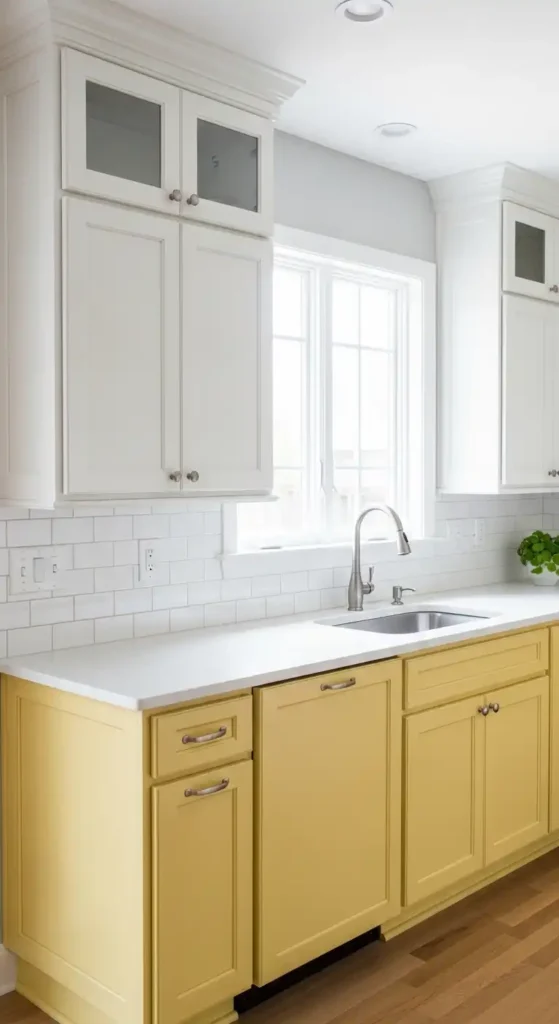 transitional-kitchen-with-two-toned-yellow-and-white-cabinets