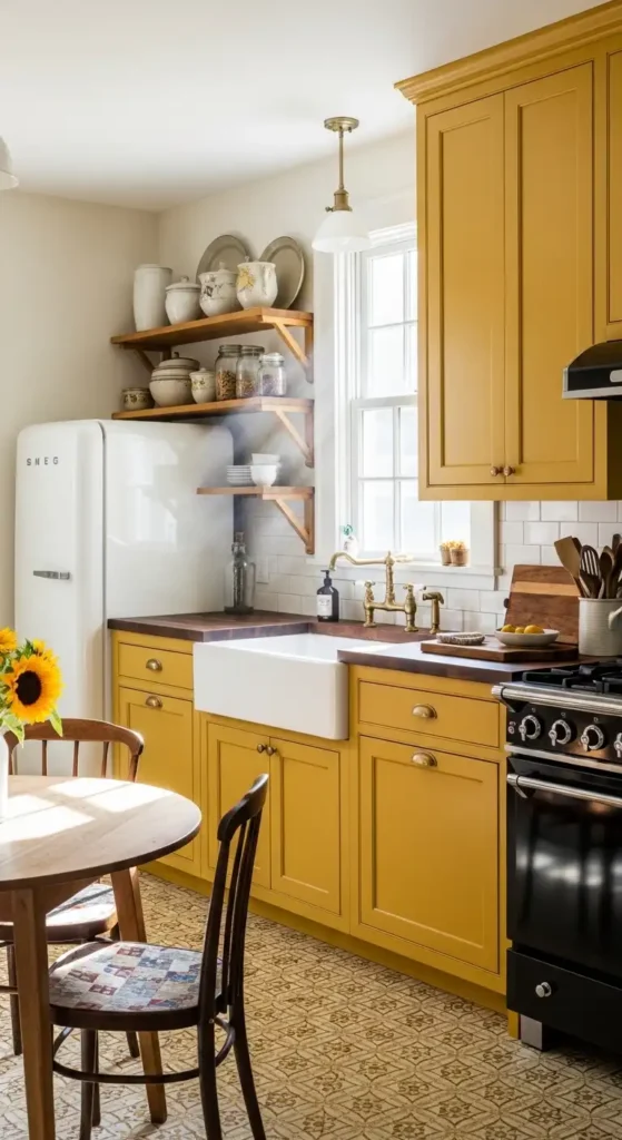 vintage-inspired-kitchen-with-warm-mustard-yellow-cabinets